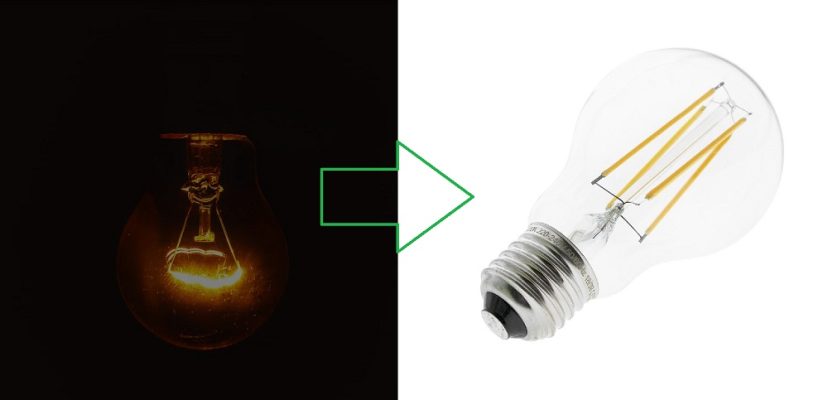 The incandescent bulb is replaced with an LED bulb.
