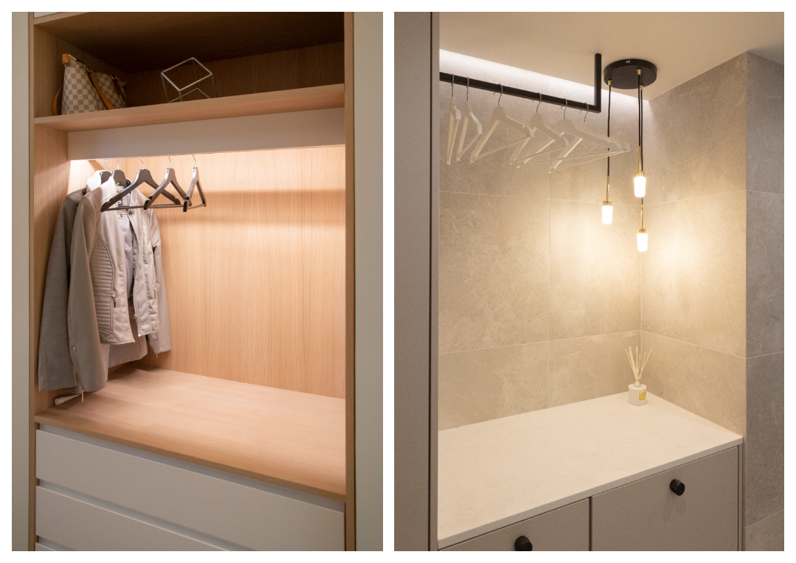 The split image showcases two modern wardrobes: on the left, a wooden closet with premium clothes hanging and additional storage on shelves. On the right, the lighting of the walk-in closet is highlighted with LedStore.fi's stylish LED fixtures – glass garment rods, elegant lights, and a scented diffuser on the shelf, creating a fresh and cozy atmosphere in the wardrobe. - LedStore In the left image, an open wardrobe is lit with LED strip lighting, highlighting clothes. In the right image, indirect LED strips are installed along the ceiling and wall edge, casting a soft, ambient glow.