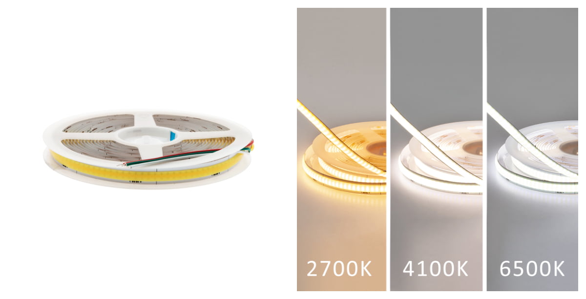 CCT 14,4 SOLO collage - LedStore Vasen puoli esittää rullan LED-nauhaa, ja oikealla on kolme pystypaneelia, jotka esittelevät nauhan eri värivaihtoehtoja: lämmin valkoinen (2700K), neutraali valkoinen (4100K) ja viileä valkoinen (6500K). Tämä monikäyttöinen LED-vaihtoehto tuo jokaiseen tilaan säädettävän tunnelman.