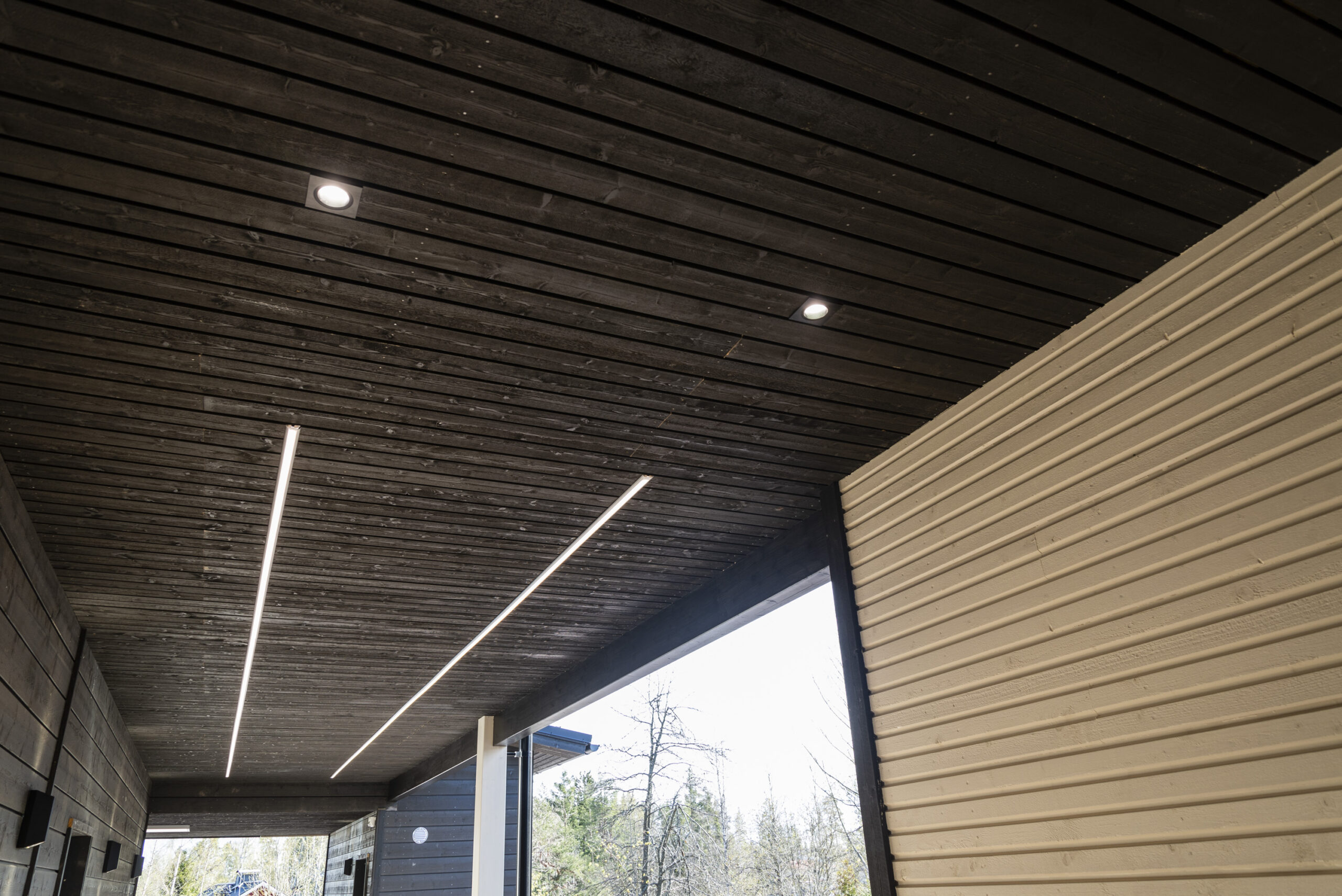 Along the entrance walkway, two long LED strip lights run parallel to light the path. In addition, two recessed LED spotlights and wall-mounted lights on the side enhance the overall illumination. 