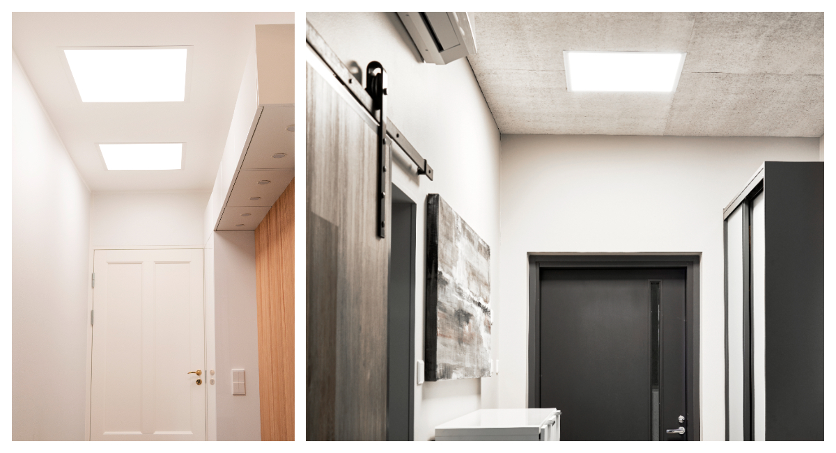 Two spaces featuring bright, square LED ceiling lights: on the left, a white entryway with a closed door, and on the right, a modern hallway where wardrobe LED lighting subtly reflects an industrial interior style. Discover all these lighting solutions at LedStore.fi! - LedStore Two spaces with bright, LED panels recessed on the ceiling. Left, a white entryway with a wardrobe and on the right, a modern foyer with a wardrobe.