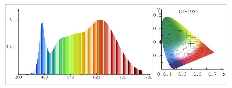 Fokus plant light - LedStore On the left: A chart showing the spectral distribution peaks at blue and red wavelengths, required for LED applications, ranging from 380–780 nm. On the right: A CIE 1931 color coordinate chart, indicating different color regions along with the x/y axes.