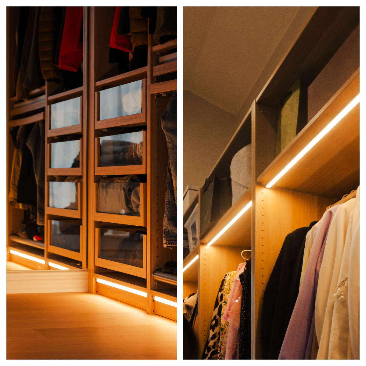 Nykyaikainen vaatekaappi, jossa on puiset hyllyt, laatikot ja lämminhenkinen LED-nauhavalaistus, luo viihtyisän ja järjestelmällisen tunnelman. LedS laadukkaita led-valoja täydentäviä vaatteita, asusteet ja säilytyslaatikot erottuvat säädettävästi, tehden kaapista sekä toimivan niin säilytystilan. - LedStore Vaatehuoneen kaappien valaistus led nauhalla vaaterekkien yläpuolelta ja sokkelista.