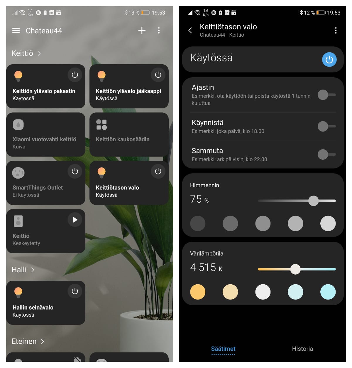 An example of the Samsung Smart Things lighting interface. On the left, the kitchen Zigbee devices in one view and on the right, the control and timing interfaces for the kitchen light.