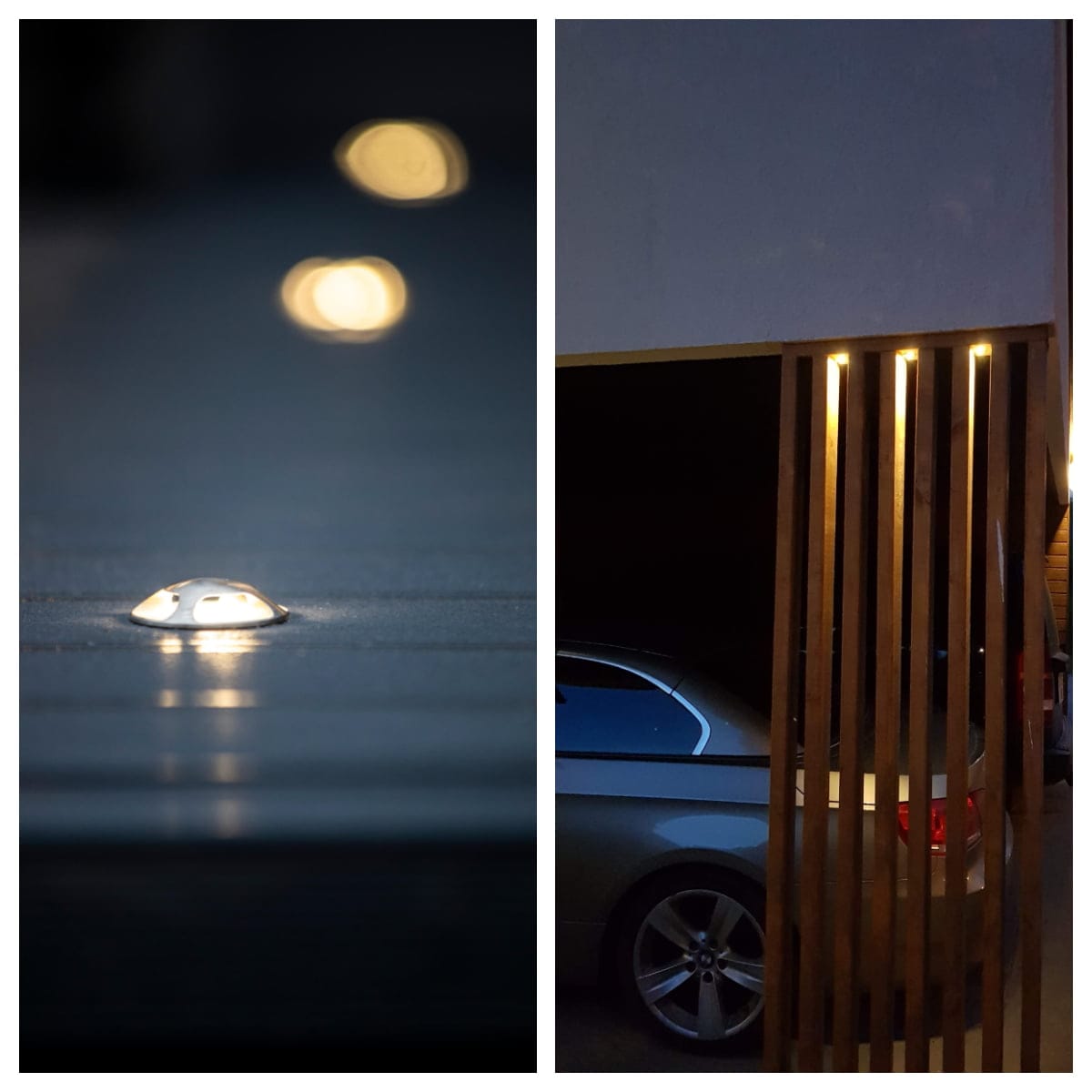 Left image: Close-up of a recessed floor LED light on dark surface. Right image: Parked car by a building with vertical wooden slats, lit by LED lights at night.