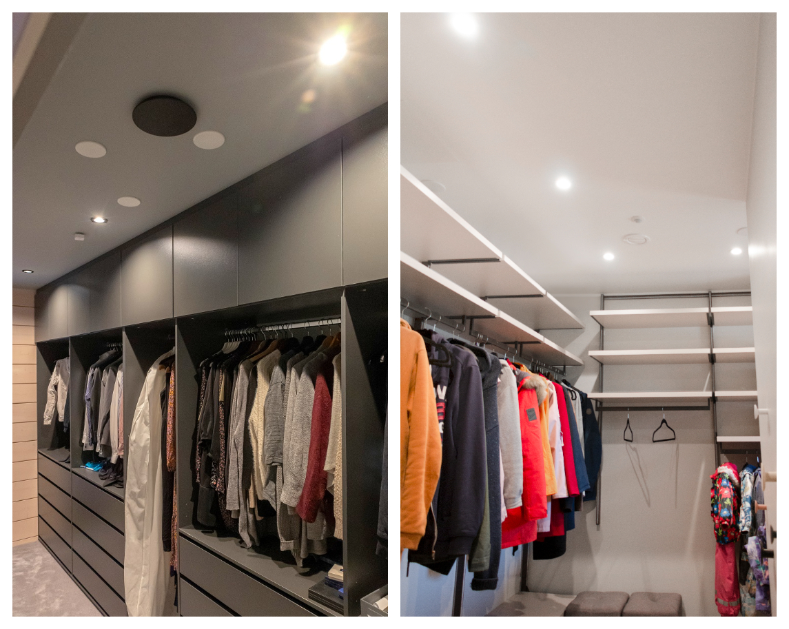 Two modern walk-in closets side by side, each featuring integrated shelves, drawers, and hanging space for clothing. Both spaces use smart ceiling-mounted LED lighting—offering practical and inspiring wardrobe illumination. Explore LedStore.fi’s lighting solutions and discover the best lighting tips for your own wardrobe! - LedStore Two modern walk-in closets side by side, with integrated shelves, drawers, and hanging space. Both feature ceiling-mounted LED spotlights, offering a practical lighting solution.
