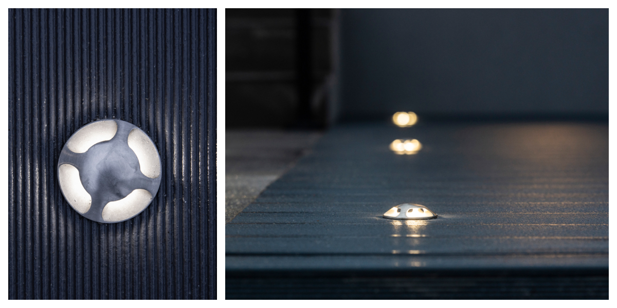 In close-up and from the side, the round, recessed LED covers from LedStore.fi emit a soft, ambient light on the terrace. These LED fixtures are ideal for mood lighting and accentuating the terrace, spaced evenly along a textured, dark-colored exterior surface. - LedStore In close-up and from the side, the round, recessed LED covers from LedStore.fi cast a soft, ambient light on the terrace. These LED fixtures are perfect for mood lighting and highlighting the terrace, are evenly spaced along a textured, dark-colored exterior surface.