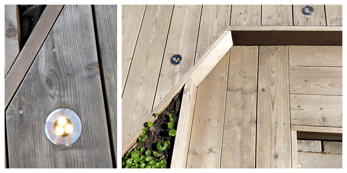 Close-up of the TER-UP installed in wooden decking. - LedStore Close-up of the TER-UP installed in wooden decking.