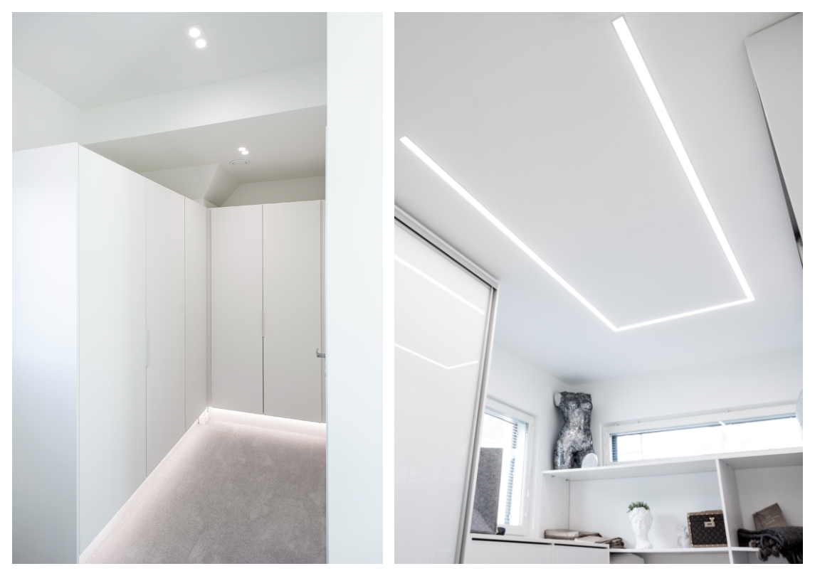 Two-part image: On the left, a minimalist white hallway features integrated cabinetry, soft lighting, and elegant LED wardrobe illumination. On the right, a modern interior space showcases recessed linear LED lights that highlight shelves and accentuate decorative items. Explore LedStore.fi’s wide range of LED lighting solutions for every home! - LedStore Two-part image: On the left, a minimalist white hallway features integrated cabinetry, soft lighting, and elegant LED wardrobe illumination. On the right, a modern interior space showcases recessed linear LED lights that highlight shelves and accentuate decorative items. Explore LedStore.fi’s wide range of LED lighting solutions for every home!
