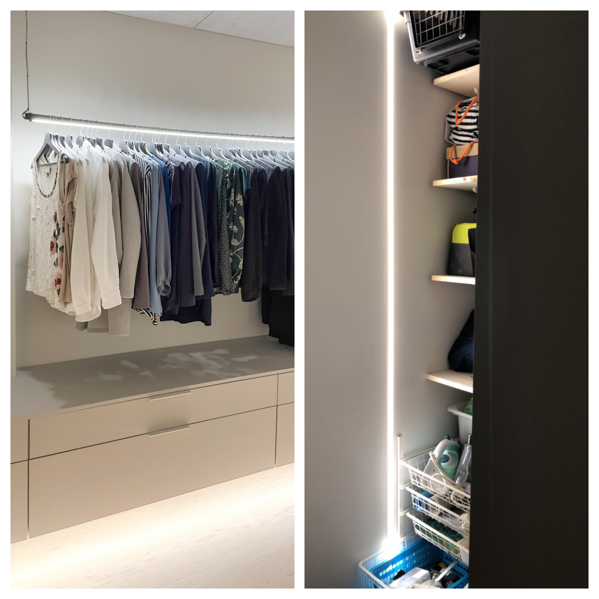 On the left of the image is a minimalist wardrobe, where clothes hang neatly, with a drawer unit at the bottom. The wardrobe is purposefully illuminated with energy-efficient LED lights from LedStore.fi, which highlight the space and make it easy to find your clothes. On the right, you can see a well-organized shelving unit with baskets and other home essentials. The LED lighting adds both practicality and atmosphere to the storage area. - LedStore On the left, a minimalist wardrobe with neatly hung clothes and a drawer unit, illuminated by LED strip lights. On the right, a shelving unit with baskets and essentials, lit by recessed LED strip.