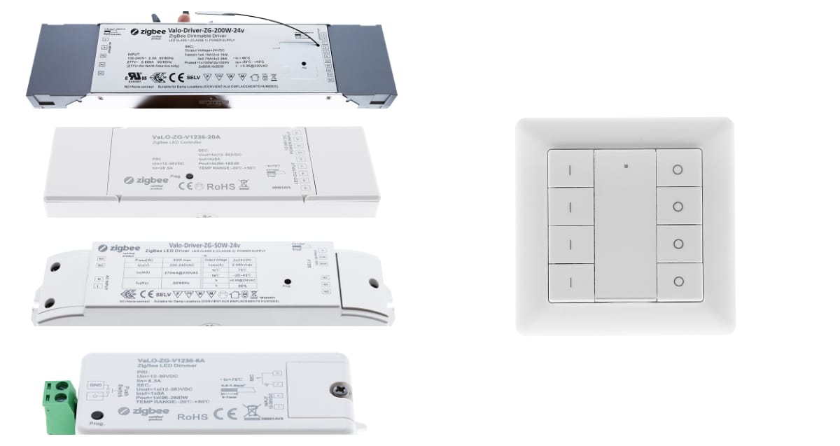 The picture on the left shows Zigbee transformers with receivers and a transceiver. On the right, a controller for dimming four groups. All receivers/transformers and buttons are connected to the network via a hub, allowing the luminaires to be controlled both from the user interface via mobile and wireless buttons.