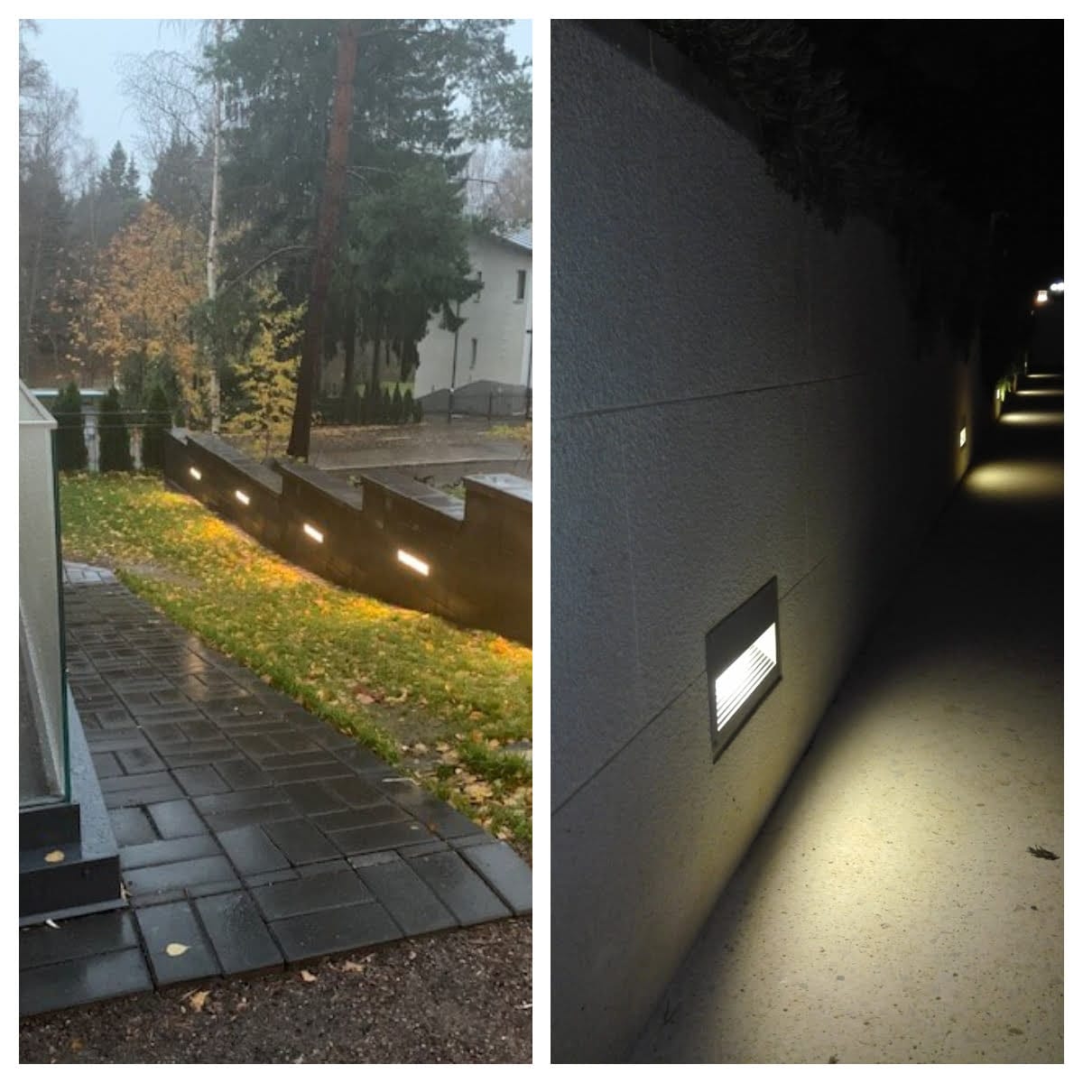 Left image alt text: LED-lit driveway with wet tiles, grassy area, and black fence by trees and house. Right image: Dark pathway with wall-mounted LED lights.