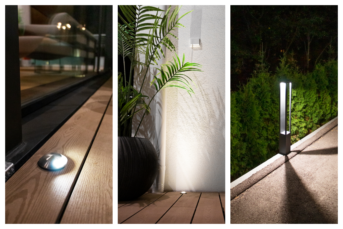Images 1 and 2: the edge of the terrace is illuminated by a recessed deck spotlight installed into the terrace surface. Image 3: the edge of the pathway is lit by a black bollard light that casts light in three directions. 