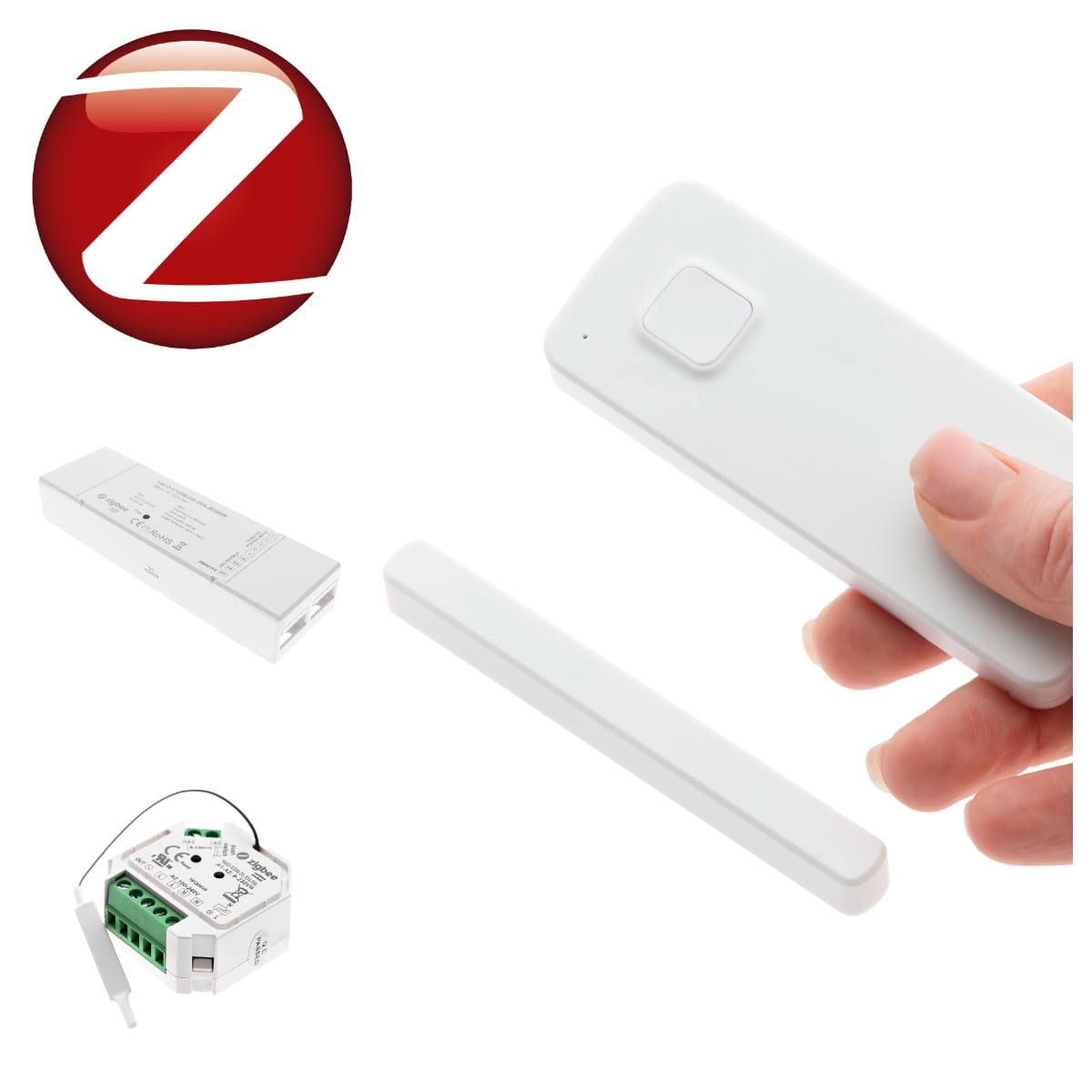 Zigbee smart lighting products also include a door sensor (right) that turns lights on and off when the door is opened.