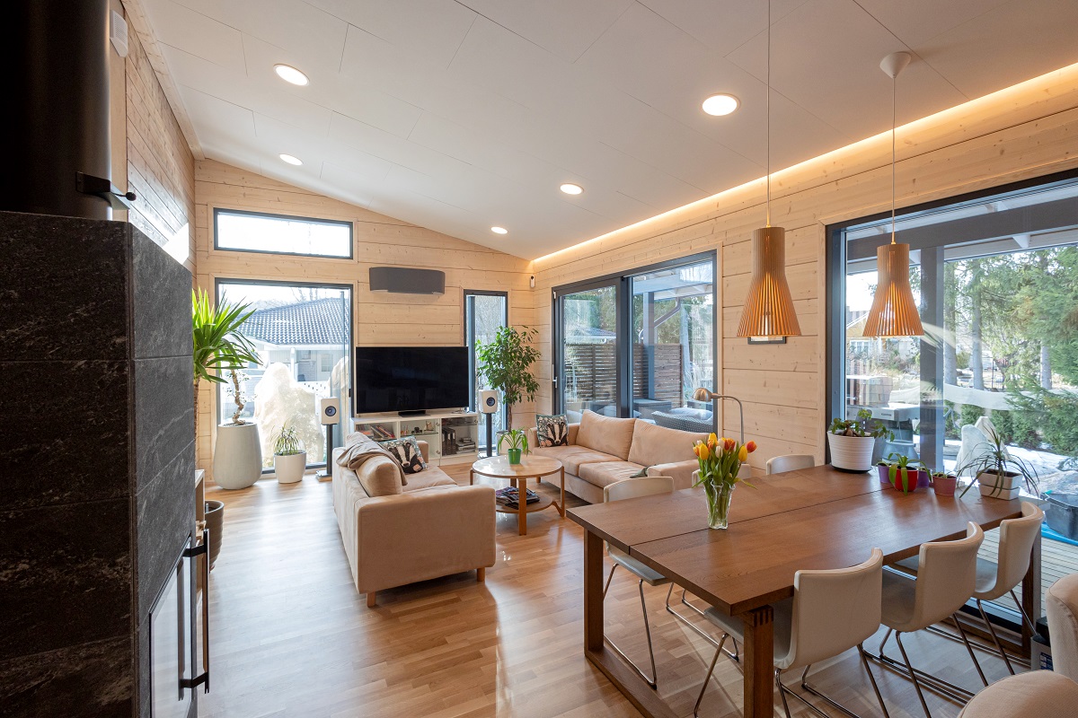 In the living room-kitchen lighting, LED strip and panels have been used.