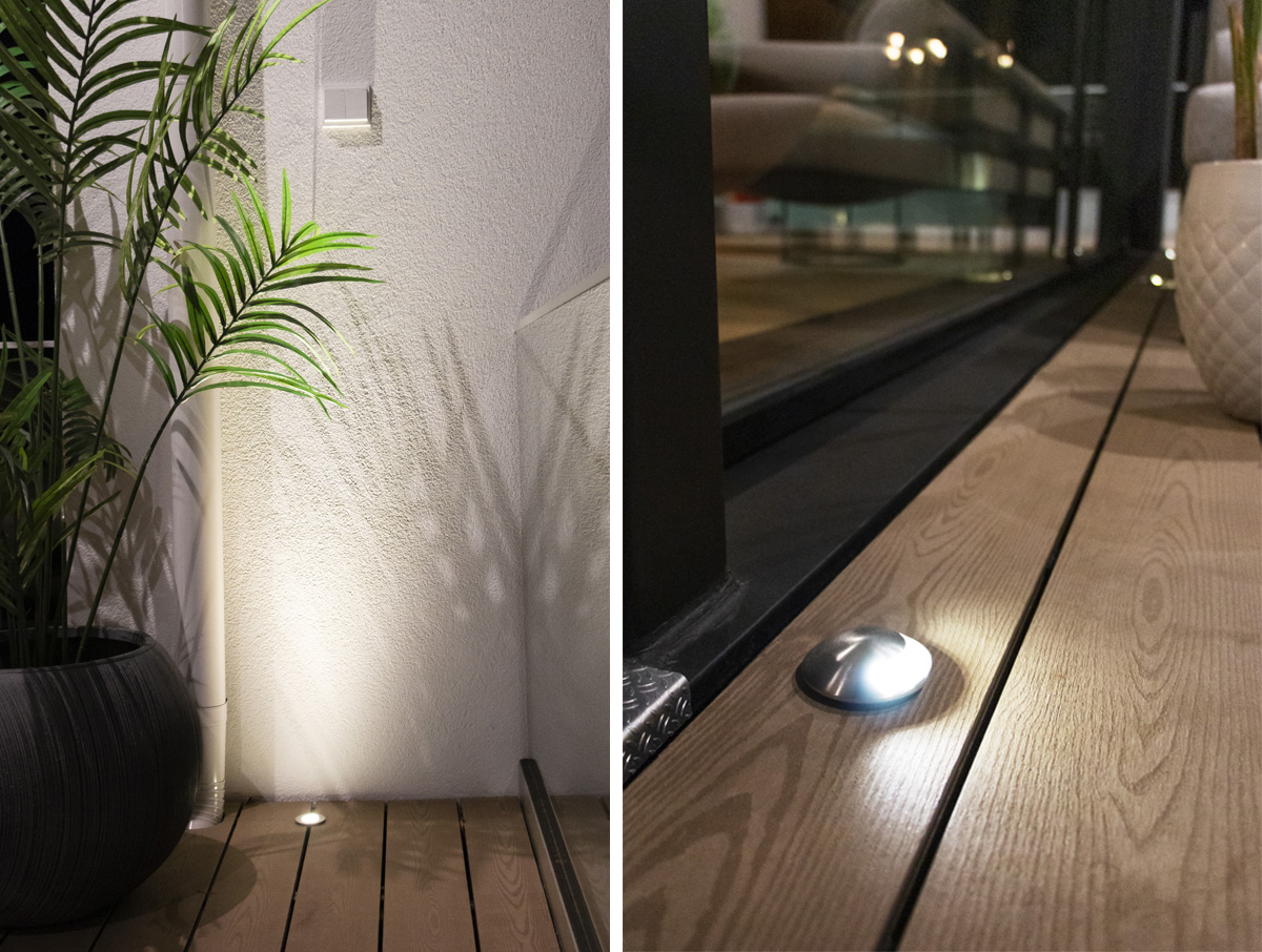 Divide the image into two sections: on the left, mood lighting with an LED spotlight illuminating a potted plant and casting beautiful shadows on a white wall; on the right, terrace lighting featuring a small round LED floor lamp recessed into a wooden terrace near a glass door. - LedStore TER-UP spots light reflects from the wall behind and TER-1 illuminates the deck surface.